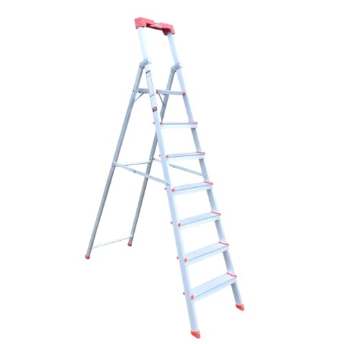 Image of EMAC Prime Aluminium 7 Step Ladder | 240 Kg Heavy-Duty Load Capacity | Extra-Wide 3.2 Inch Anti-Slip Steps | Foldable & Lightweight | for Home & Office Use with Platform and Tools Tray