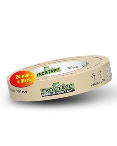 FrogTape Essential Ruban de Masquage Peinture 24mm x 50m, Adhésif de Peintre Intérieur et Extérieur, Enlèvement Sans Résidus 7 Jours, Scotch Masquage pour...