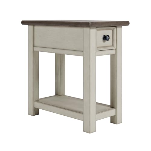 Signature Design by Ashley Bolanburg Chairside End Table With Charging Station, Two-Tone Wood Accent Table With Drawer Storage, Plank Top Design for Living Room or Bedroom, Antique White