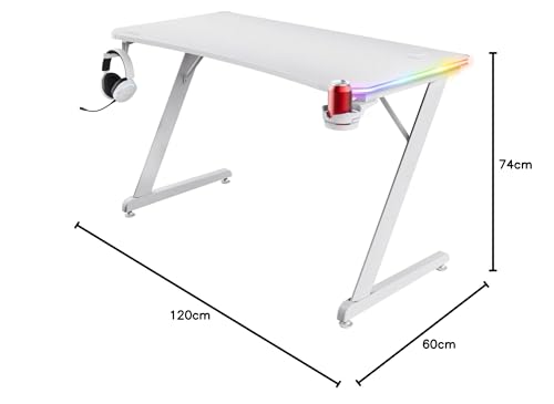 GXT 709W Luminus Scrivania Gaming LED RGB, 10 Modalità Colore, Alimentazione USB, Tavolo Gaming 120 x 60 con Supporto per Cuffia e Portabicchiere, Scrivania Bianca Ufficio, Streaming - Scrivania Gaming - Immagine 2