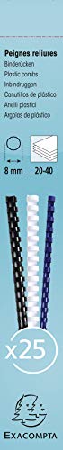 Exacompta - Ref. 76200E Bindekämme, 8 mm dick, 21 Ringe, geeignet für A4-Dokumente, hält ca. 20-40 Blatt, aus PVC-Material, Weiß, 25 Stück