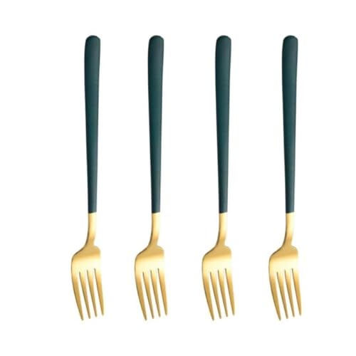 Image of Golden Stainless Steel Long-Handled Fork for Home /Kitchen, Mirror Polish, Tablefork, Salad Fork, Dinner Set for Home, Kitchen, Restaurant (Gold-Green, Set of 4)