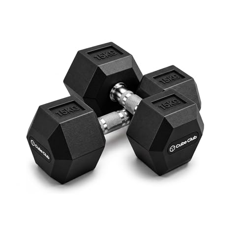 Image of The Cube Club Rubber Encased Hex Dumbbell 30kg Dumbbell Set of 2 (15kg Each) | Rubber Coated Anti-Slip Hex Dumbbells for Home Workout, Strength Training & Fitness Exercises for Men & Women