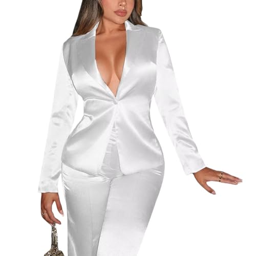 Women's Satin Suit 2 Piece Shiny One Button Blazer Pants Sets Solid Casual Outfits Jacket Pants