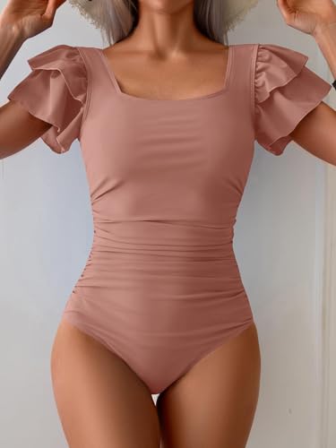 Image of Eomenie Women's Tummy Control One Piece Swimsuit Ruffle Square Neck Bathing Suit Ruched Cutout Back Slimming Swimwear