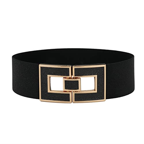 Bsllnek Women's Stretchy Waist Belt Vintage Retro Elastic Cinch Belts Waistband For Dresses (Black+Gold Buckle, Suit For Waist Size 27"-35") #TOP2