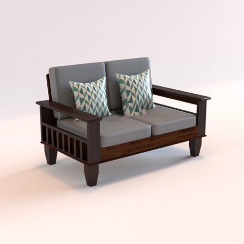 Image of KINGS HOME FURNITURE Sheesham Wooden 2 Seater Sofa for Living Room | Rosewood 2 Seater Cushion Sofa with Side Newspaper Holder for Home & Office | Solid Wood Sofa Set for Lounge (-Mahogany Finish)