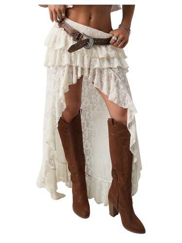 OYOANGLE Women's Floral Lace Asymmetrical Ruffle Coquette Skirt Y2k Country Concert Outfits