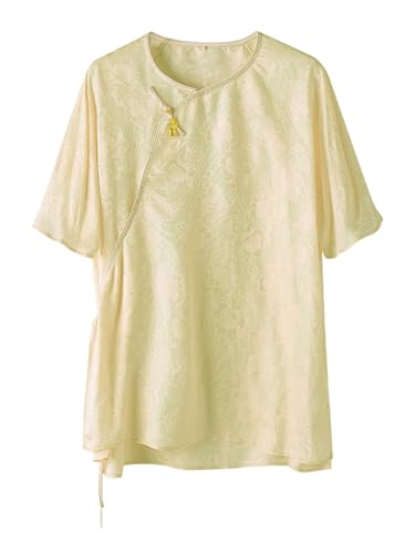 Chemisier en soie jacquard femme jaune clair manches courtes col rond léger chemise 273