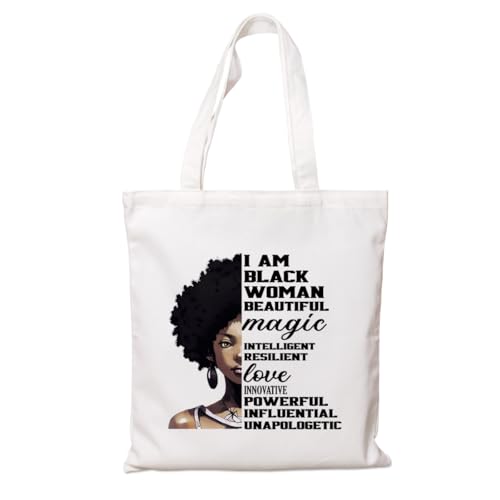 Bolsa de lona feminina I am Black, bolsa de ombro reutilizável para trabalho, praia, viagens, presentes feministas para mulheres afro-americanas, amigas negras ou professoras