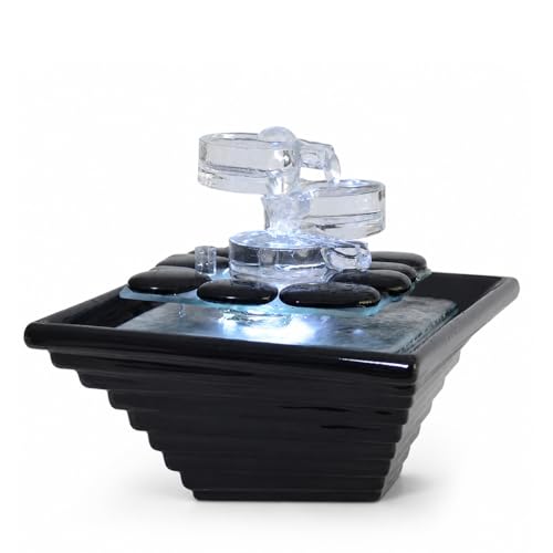 Fontaine d’Intérieur en Céramique et Verre Haute Qualité Lumière Blanche, Déco Méditation, Tasse Jarre Zen, écoulement d’eau envoutant, Idée Cadeau Haute Gamme, H 20x23x23cm – Himalaya Zen’Light