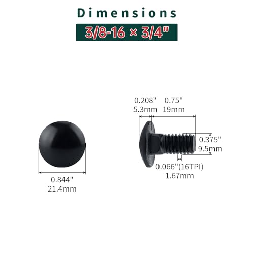Image of 3 /8-16 x 3 /4 inch Black Carriage Bolts with Nuts and Washers Kits (10 Sets), 304 Stainless Steel 18 /8, Black Finish, Round Head, Square Neck, Heavy Duty Bolts, Indoor Outdoor Fastening Bolts, Fayeploo
