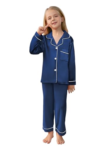 Schbbbta Family Matching Silk Pajamas Set Satin Long Sleeve Button Up Sleepwear Pj Set, T Navy, US L2