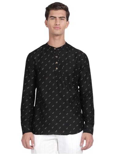 Image of KRYPTIC Men's Full Sleeve Regular Fit Short Kurta in Premium Pure Cotton with Patch Pocket and Mandarin Collar - Perfect Blend of Style and Comfort