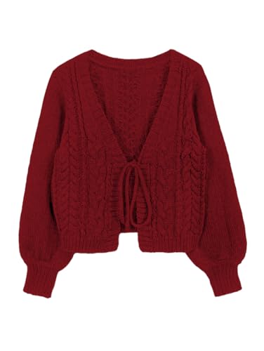 Image of SKAYS Womens Tie Front Bow Cardigan Sweaters Cropped Cable Knit Cardigans Trendy Fall Long Sleeve Outerwear