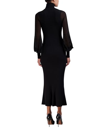 Image of BCBGMAXAZRIA Women's Long Balloon Sleeve Turtle Neck Fluted Pullover Sweater Dress