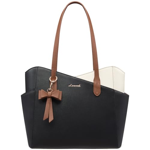 LOVEVOOK Small Tote Purse for Women, 2026 Structured PU Leather Handbags with Top Handle, Elegant Satchel Shoulder Bag Black-White-Brown