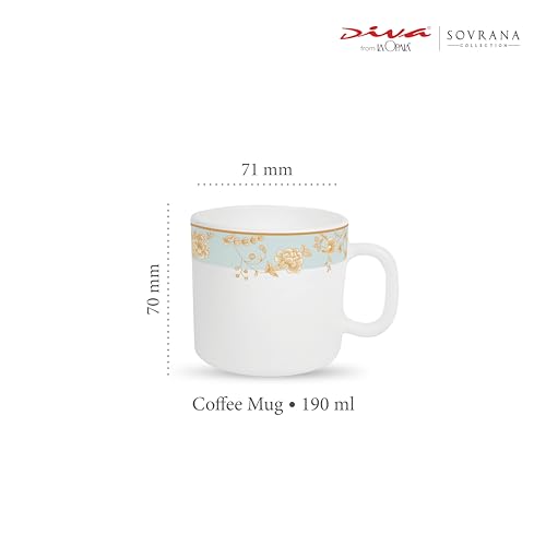 Image of La Opala Diva, Sovrana Collection Opal Glass Crockery | Coffee Mug Regular, Set of 6 | Medusa Gold, 190 ml | for Tea & Coffee | Microwave Safe | 100% Vegetarian | Extra Strong | Super Light & White