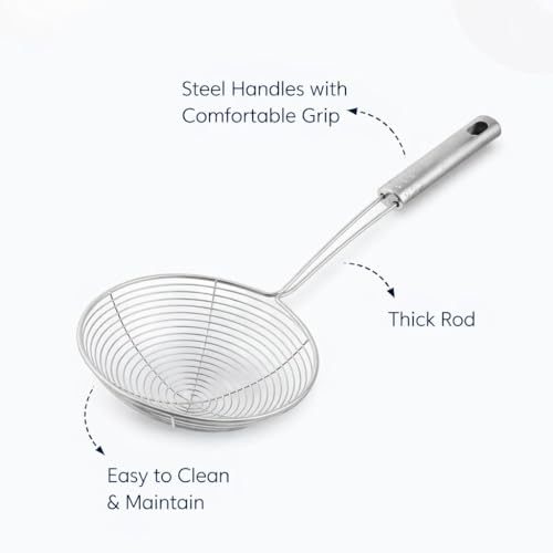 Image of SMAX Frying Jhara Stainless Steel 16cm | Oil Skimmer & Deep Fry Strainer for Puri, Pakora, Fries | Heavy Duty Long Handle Kitchen Utensil