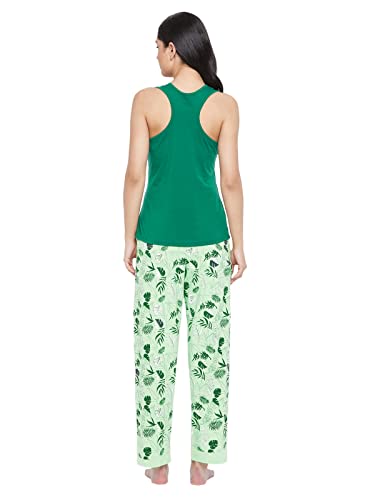 Image of Clovia Women's Cotton Printed Tank Top & Pyjama Set - Green