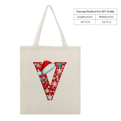 Letter V with Santa Hat Snowflakes Canvas Tote Bag for Women Initial Letter Reusable Shoulder Tote Bag Gifts for Women Mother2
