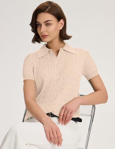 Image of Micoson Womens Short Sleeve Sweater Tops Lapel V Neck Polo Shirts 2026 Summer Cable Knit Loose Blouse Business Casual Outfits