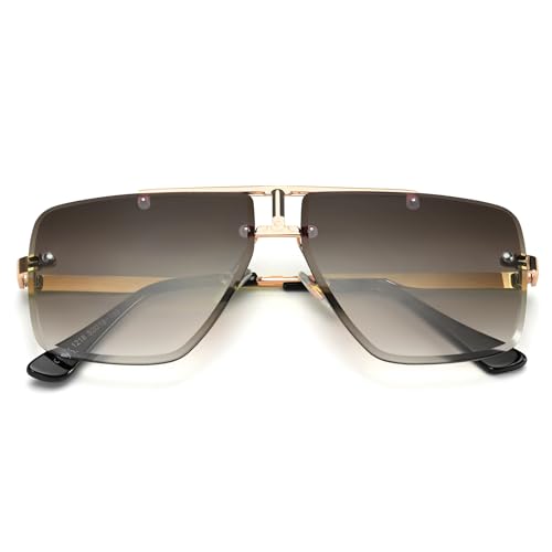 Rimless Oversized Square Sunglasses for Men Trendy Fashion Big Shades Tinted Lens Gold Metal Frameless Glasses UV4002