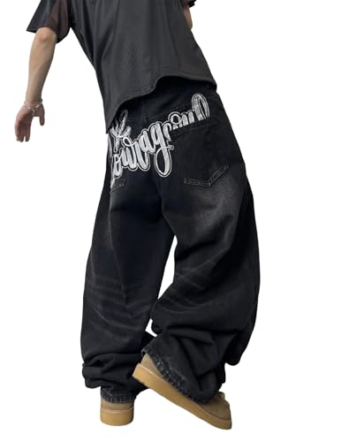 Men's Super Baggy Jeans Wide Leg Denim Pants with Embroidered Pattern Y2k Streetwear