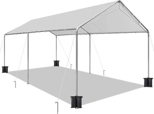 Image of Heavy Duty 10 X 20 Ft Easy to Assemble Metal Car Canopy Shelter with Reinforced Steel Cables, Outdoor Portable Garage for Car, Boat Tent, Light Grey