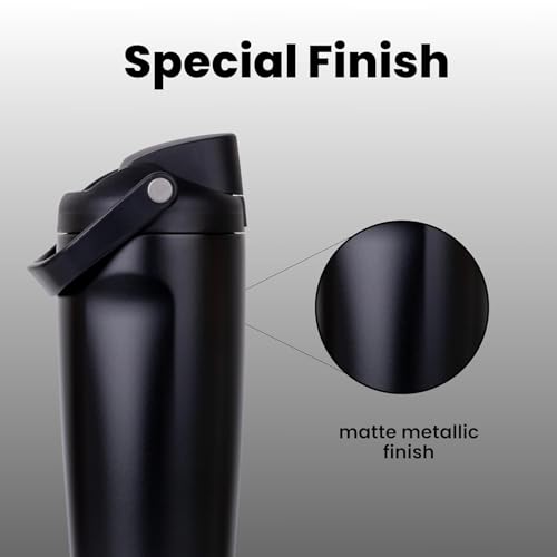 Image of LHOTSE Gym Water Bottle 30oz - Leak Proof Lock Lid, Matte Metallic Finish, Carry Handle, Durable Stainless Steel, Perfect for Workout & Sports (Midnight Black, 900 ML)