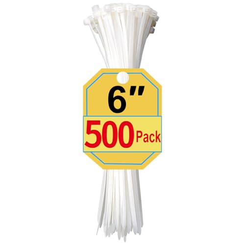 Zip Ties 6 Inch 500 Pack White Cable Ties for Multi-Purpose Nylon/Plastic Wire Ties for Home Improvement Office & Outdoor Use (Clear-Colored Style) 25lb Tensile Strength.