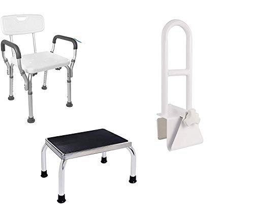 Vaunn Medical Shower Chair with Arms, Bathtub Safety Rail Grab Bar and Foot Step Stool Bundle
