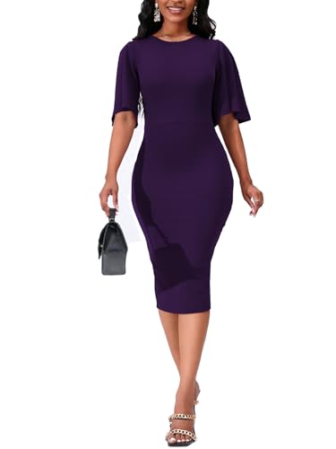 Image of WanMem Womens Basic Bodycon Ruffle Flared Short Sleeve Pencil Midi Dress
