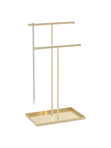 Coward 2 Tier Necklace Stand, Aesthetic Necklace Jewelry Holder, Home Decor Necklace Organizer Stand, Metal Necklace Bracelet Display Rack for Men Women (Gold)