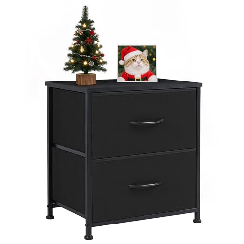 Accver Nightstand, 2 Drawer Dresser Bedside Storage Furniture, Small Dresser with 2 Drawers, End Table with Fabric for Bedroom, Closet, Entryway, College Dorm, Black