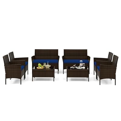Tangkula 8 Piece Patio Rattan Conversation Set, Outdoor Wicker Furniture Set with Chair, Loveseat & Tempered Glass Table, Cozy Seat Cushions, Outside Sectional Sofa Set for Backyard, Porch