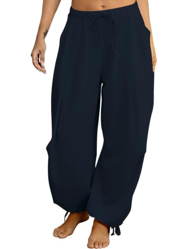 Image of Women's Linen Balloon Barrel Beach Pants Boho Harem Flowy Drawstring Casual Loose Pants with Pockets