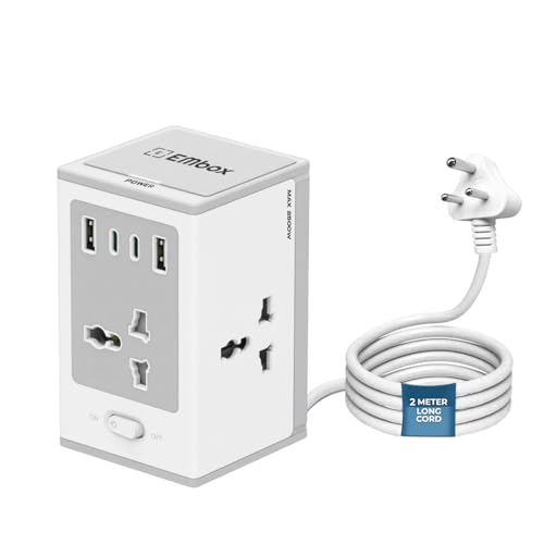 Image of Embox 8-in-1 Gan Charger 30W Fast Charger | Type C USB 4 AC Sockets (2500W) Fast Charging | Multi-Port Desktop Charger for Laptop, iPhone, Android, Portable Charging Station, 2 Meter