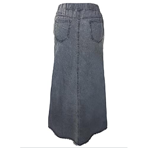 JOAU Women's Casual Elastic High Waist Plus Size Denim Long Skirt Frayed Hem A-Line Distressed Hippie Pockets Maxi Skirts4