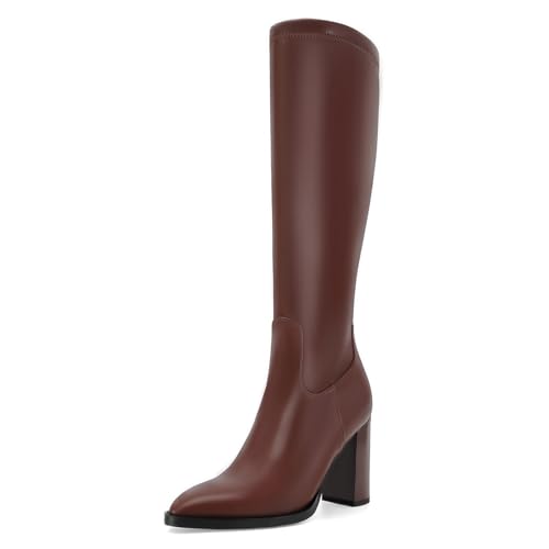 Women's Knee High Boots Leather Tall Boots for Women Chunky Block Heeled Boot Pointed Toe Side Zipper Dress Gogo Boot