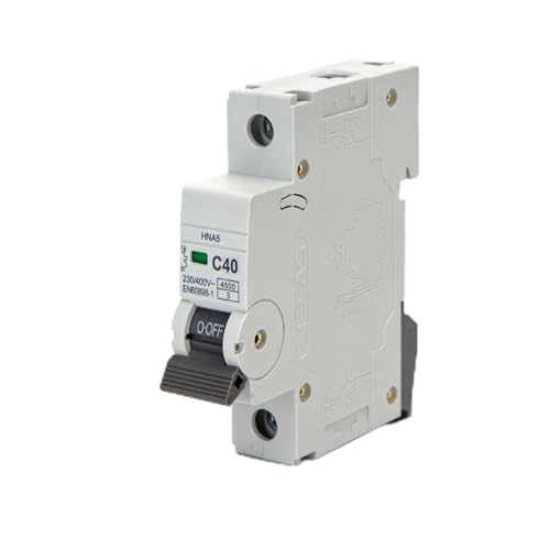 Disyuntor automático miniatura 1P 40A curva C gris para protección eléctrica y prevención de sobrecargas en circuitos.