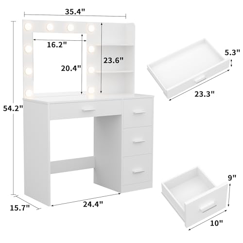 Image of YESHOMY Vanity Desk with Mirror, LED Lights and Storage,Modern White