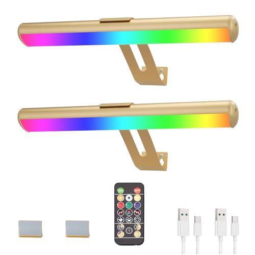 Image of Picture Light 2 Pack, Battery Operated Picture Light, Rechargeable Picture Frame Light, 32 LED, 16 Color Changing, Art Light for Paintings for Display, Picture-Gold