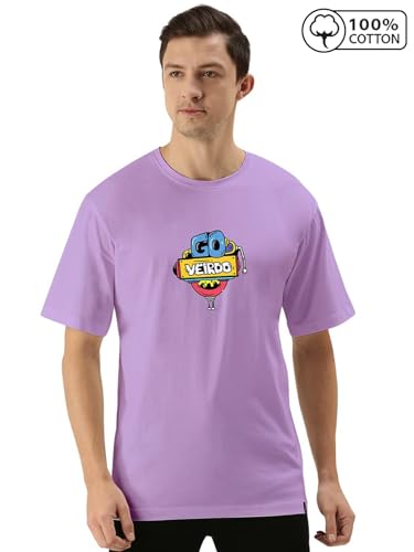 Image of Veirdo Oversized Baggy Fit Pure Cotton Drop Shoulder Half Sleeve & Aesthetic Black & Lilac Back Doodle & Tiger Graphic Printed Round Neck T-Shirt for Men