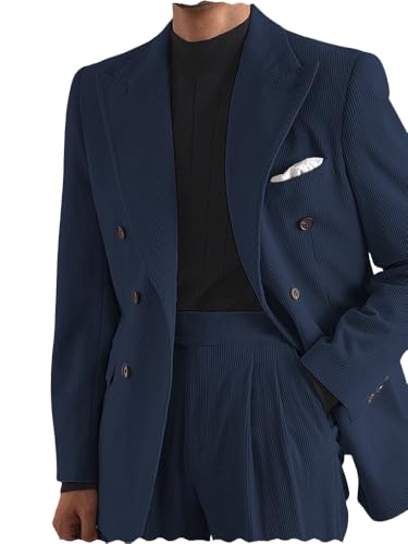 Mens Suits 2 Piece Retro Corduroy Dress Suit Double Breasted Prom Tuxedos Jacket Pants Set