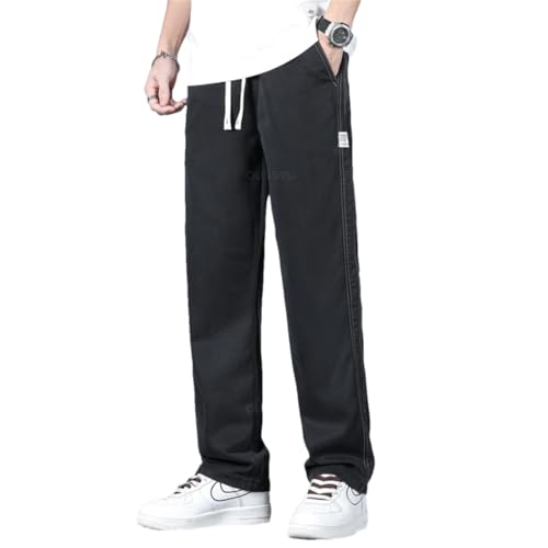 Men Drawstring Elastic Waist Denim Pants Loose Jeans Trousers Black XL