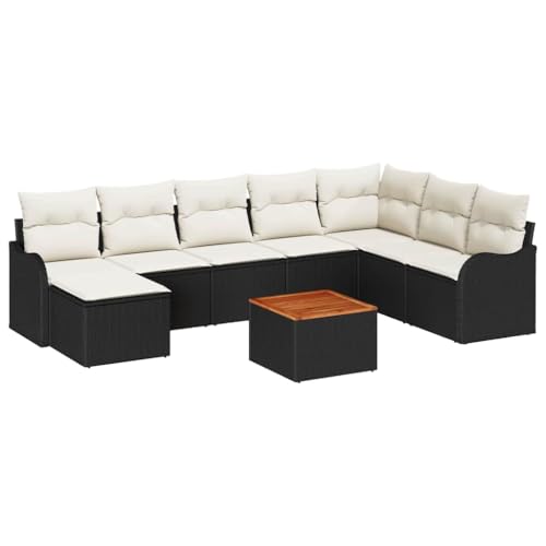 Mhdvray Ensemble Canapé de Jardin Modulable 9 Pcs Noir et Crème Résine Tressée Polyrotin Bois dAcacia Massif Canapé Dangle 8 Places avec Table et Coffre...