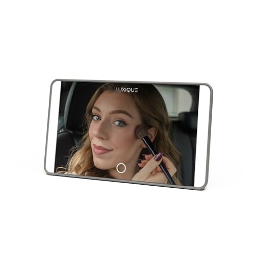 LUXIQUE Rechargeable LED Sun Visor Mirror – 3 Dimmable Light Modes, Portable Makeup and Vanity Mirror, Weather-Resistant, Detachable Stand, Universal Fit, Perfect for Beauty, Grooming, Travel (Gray)