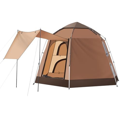 TUKAILAI Instant Camping Tent for 4/5/6 Person, Hexagonal Design Automatic Dome Tent with 4 Mesh Windows and 1 Door, Easy Setup Pop Up Tent with Vestibule & Rainfly