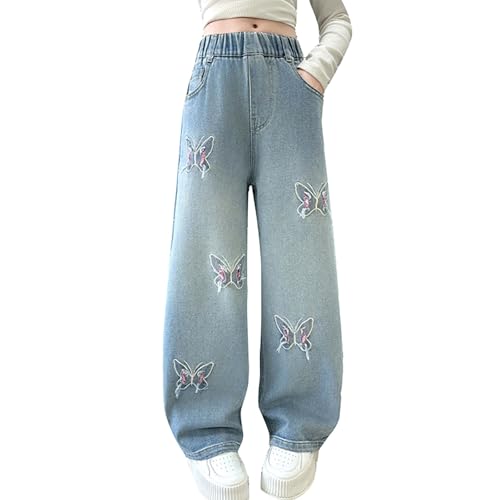 Girls Baggy Butterfly Print Pants Wide Leg Elastic Waist Jean Teen Casual Washed Straight Leg Fall Denim Trousers